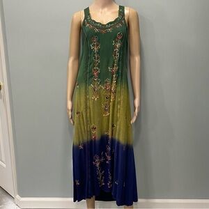 Coconut Lane Green Ombre Embroidered Maxi Dress size L/XL